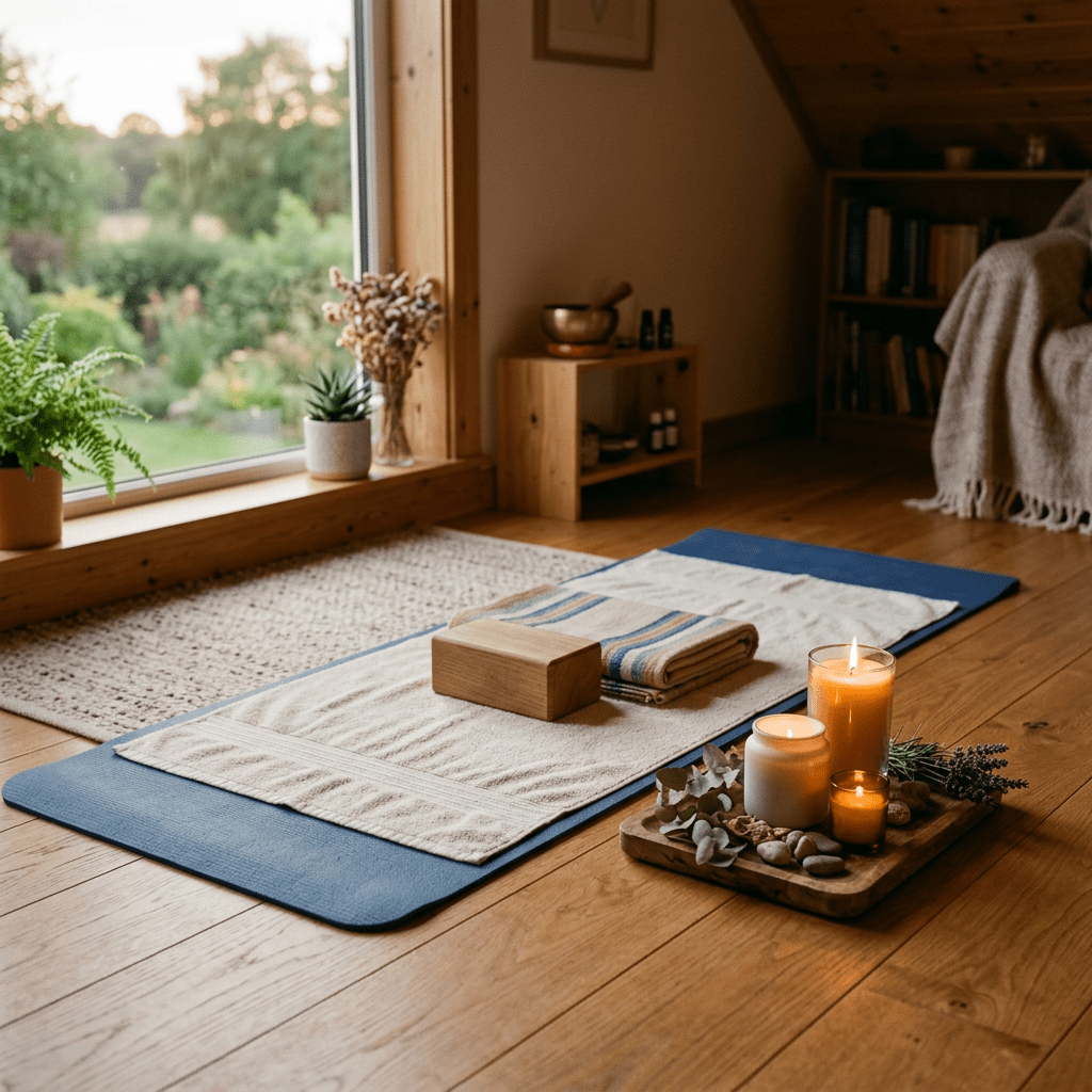 Yoga mat with towel, block, and candles arranged for meditation by a window