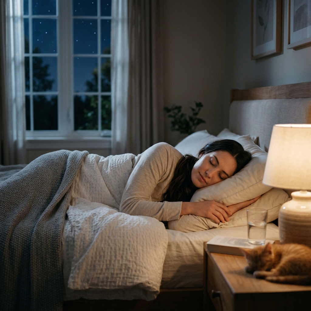 Woman sleeping peacefully on bed at night in cozy bedroom