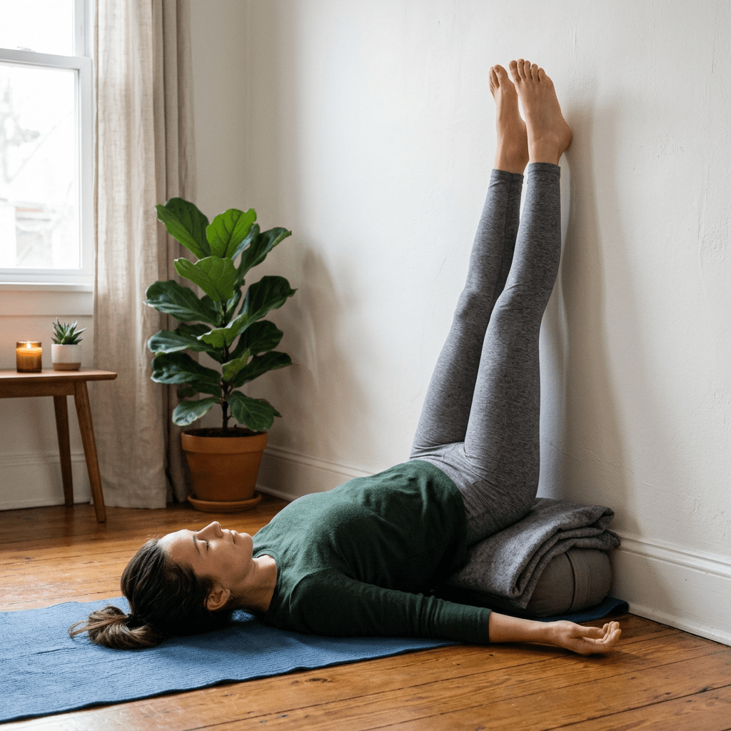 Woman lying on back with legs extended vertically against a wall in a yoga pose